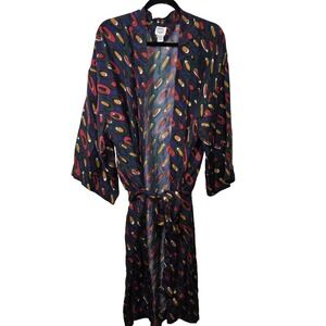 Reckless Vintage 100% Silk Robe Abstract Geometric Print Kimono Blue Green Large